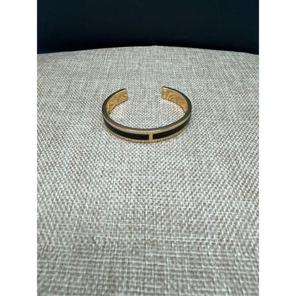 J. Crew Open Cuff Bangle Bracelet Gold Tone With Black Enamel For Smaller Wrists - Picture 2 of 7